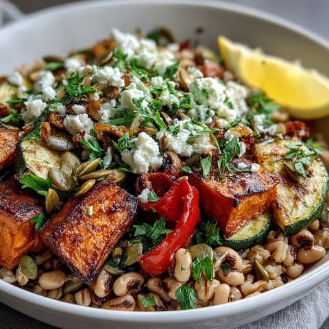 Golden roasted sweet potato and bell pepper top a warm Black-Eyed Pea Grain Bowl with fresh herbs and seeds.
