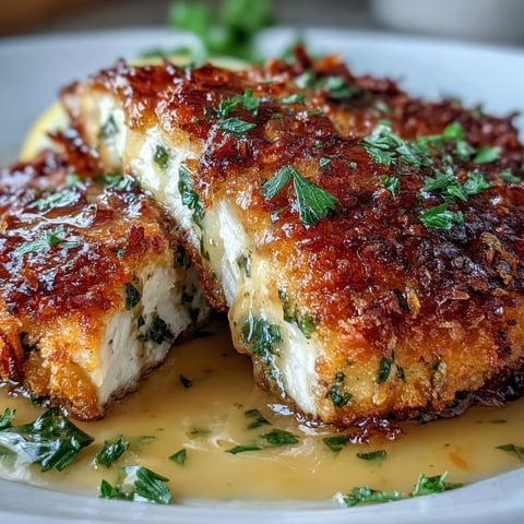 Four crispy parmesan-crusted chicken cutlets are arranged on a platter, drizzled with bright lemon butter sauce and garnished with fresh parsley.
