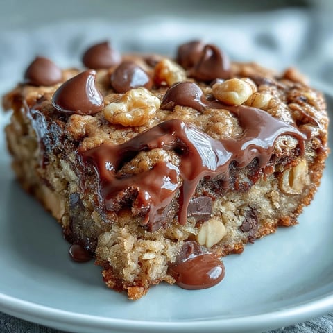 Warm, gooey Chunky Monkey Oatmeal Cookie Skillet with melted chocolate chips and chopped walnuts served straight from the pan.