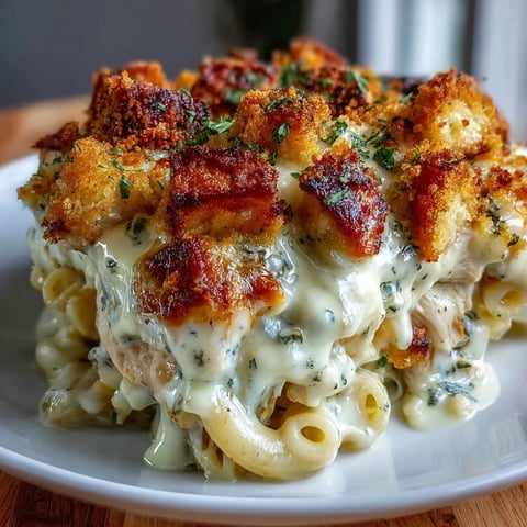 Golden brown Baked Pesto Chicken Mac & Cheese with crispy parmesan crumbs pulled from a casserole dish with a serving spoon.
