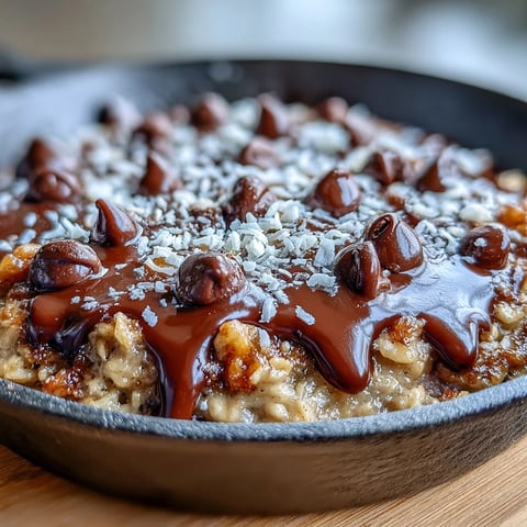 A warm Chunky Monkey Oatmeal Cookie Skillet topped with melting vanilla ice cream and fresh banana slices.
