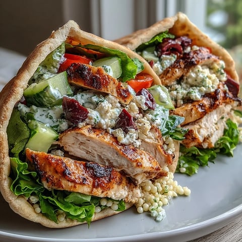 Freshly grilled lemon-oregano chicken slices topped with crumbled feta inside warm pita bread, served with Greek couscous salad.