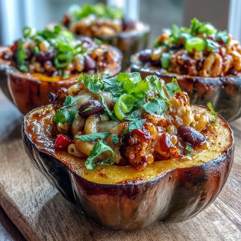 Roasted acorn squash halves filled with spicy Hot Honey Chili Mac Stuffed Squash, topped with melted cheddar cheese.
