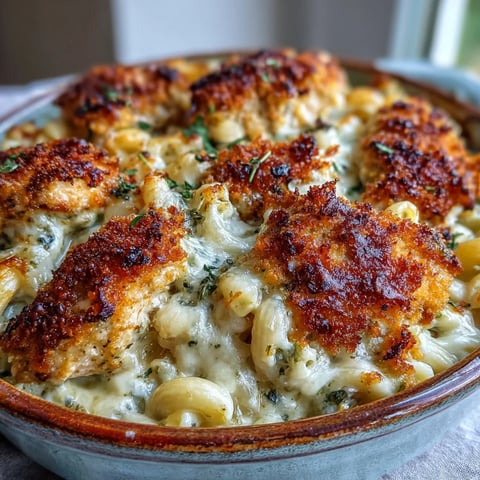 Golden-brown Baked Pesto Chicken Mac & Cheese bubbling in a ceramic dish with a crispy panko topping and fresh basil garnish.