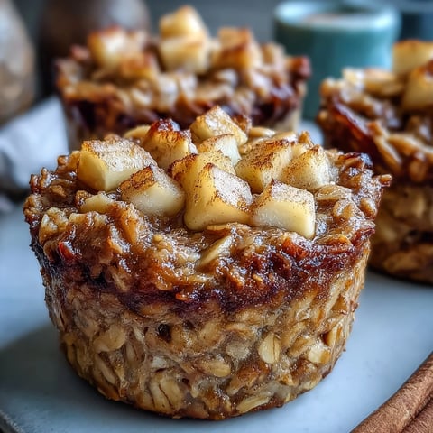 Golden-brown Vegan Apple Cinnamon Baked Oatmeal Cups with tender apple chunks and a sprinkle of cinnamon, ready to eat.