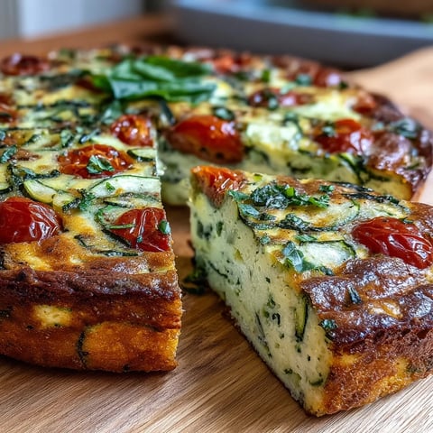 Golden, fluffy Light Zucchini and Tomato Frittata slices topped with fresh basil.
