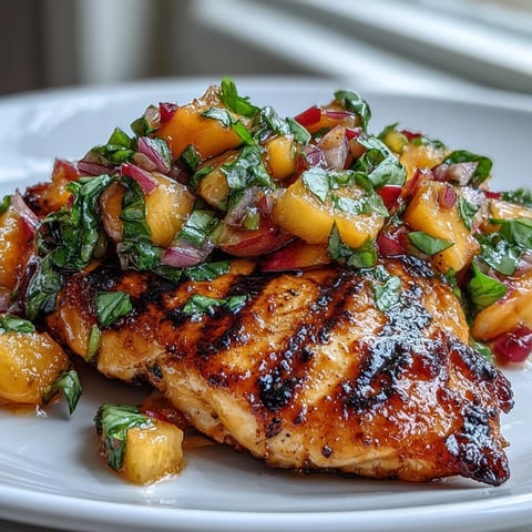 Grilled Chicken with Peach Basil Salsa rests sliced on a white platter, juices glistening, topped with chunky peach and bright basil.