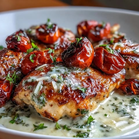 Golden brown chicken breasts glazed in creamy keto pesto sauce, topped with roasted cherry tomatoes and fresh basil.