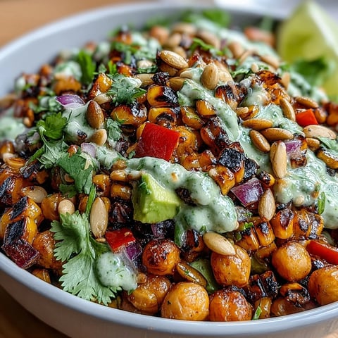 Vegan Chili Lime Street Corn Salad with Chickpeas in a vibrant bowl, showcasing charred corn and zesty chili-lime dressing.  