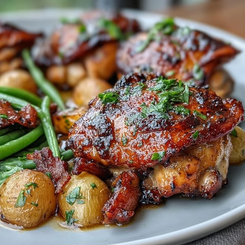 Juicy honey garlic glazed chicken thighs roasted with baby potatoes and green beans on a sheet pan for an easy weeknight dinner.  