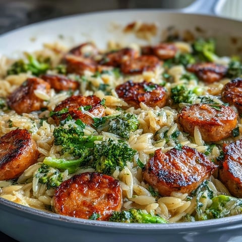 Vibrant one-pan chicken sausage and broccoli orzo with golden sausage slices, tender orzo, and fresh lemon zest.  