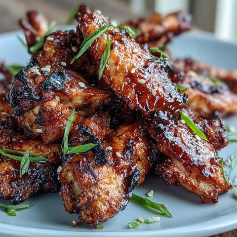 Crispy air fryer chicken wings glazed with sweet honey garlic sauce and Asian spices, garnished with sesame seeds and green onions.  