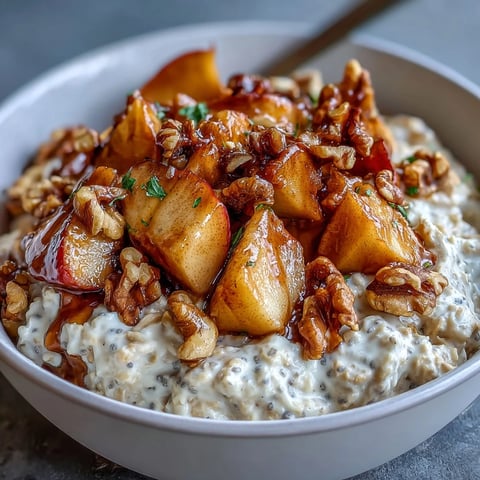 Creamy overnight oats topped with tender cinnamon-spiced apples and crunchy toasted walnuts for a wholesome breakfast.