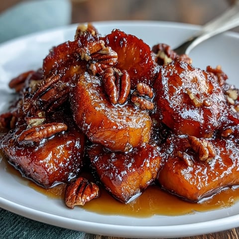 Candied yams with bourbon and brown sugar, glazed to perfection and garnished with chopped pecans.  