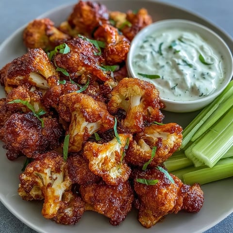 Crispy air fryer cauliflower florets coated in spicy Buffalo sauce, served with celery sticks for a tangy appetizer.