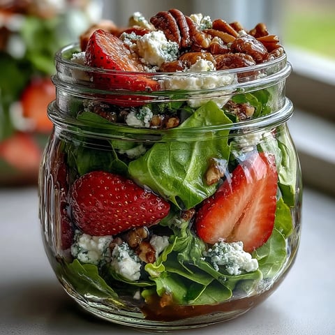 Picnic jar salad with strawberry and goat cheese features vibrant layers of fresh greens, juicy berries, and creamy cheese in a portable jar.