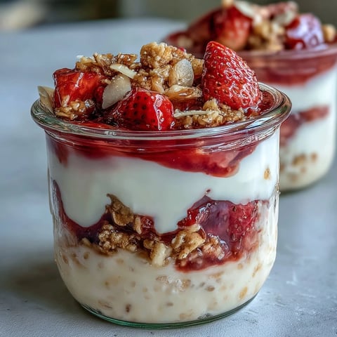 Creamy overnight oats layered with fresh strawberries and vanilla yogurt, a delicious twist on classic strawberry shortcake.