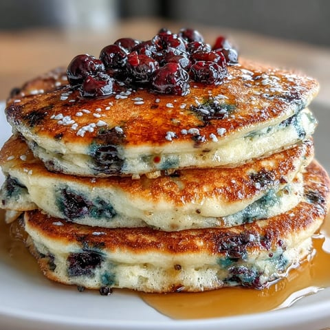 Golden sourdough discard pancakes dotted with juicy blueberries and a hint of lemon zest, stacked high on a warm plate.  