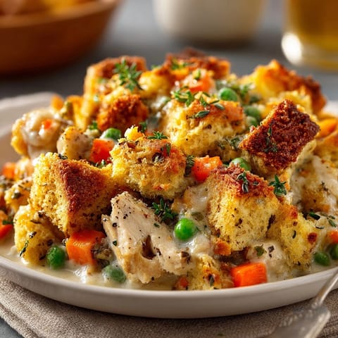 Close-up of savory Chicken &amp; Stuffing Casserole, tender chicken and herb-infused stuffing.