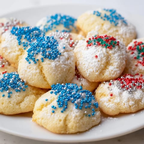Delicious festive Hanukkah puffed Christmas cookies topped with powdered sugar and sparkling sprinkles.  