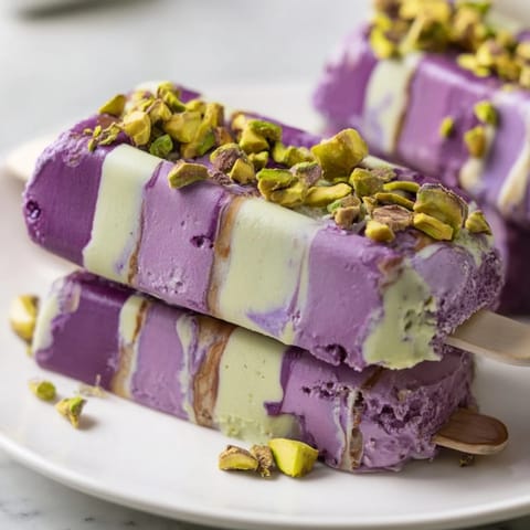 Vibrant layers of ube and pistachio ice cream bars, drizzled with condensed milk.  