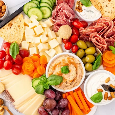 Delicious Girl Dinner Platter featuring a variety of snacks and dips for easy sharing.  