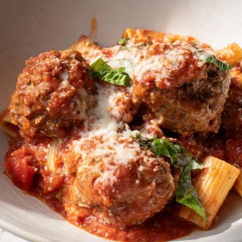 A close-up of a steaming Italian Meatball Pasta Skillet, topped with bubbly, melted mozzarella cheese.
