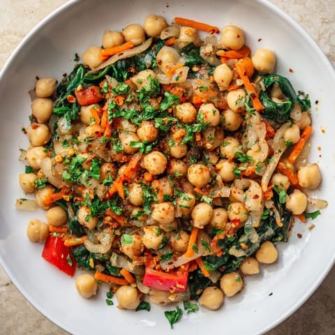 Steaming Vegetarian Chickpea & Spinach Skillet: a flavorful, Mediterranean-inspired single pan dinner.