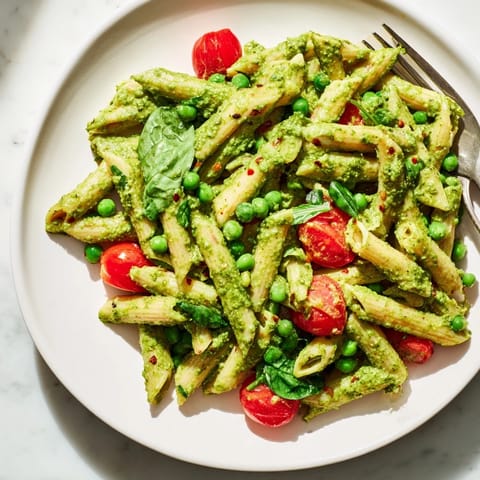 This One-Pot Creamy Pesto Pea Protein Pasta shows a rich green sauce coating the protein and pasta.