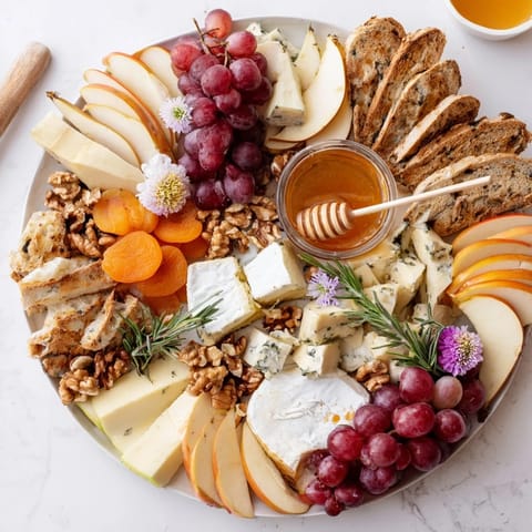 A beautiful Honeycomb, Honey & Cheese Board with creamy cheeses next to golden honeycomb for serving.