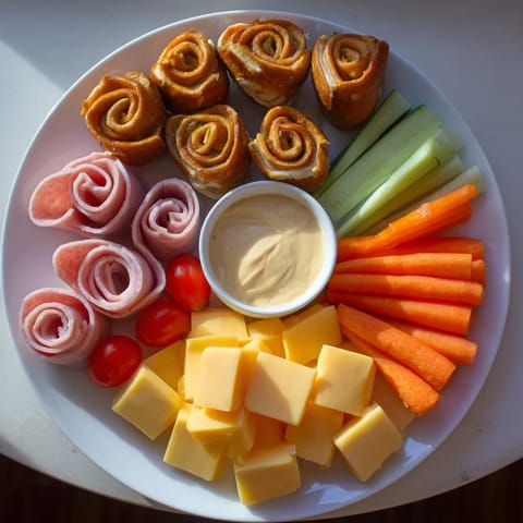 A vibrant Renard Rusé Snack Assortment, a gourmet platter with cheese, veggies, and savory bites.