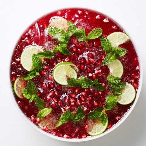 Bright red pomegranate and mint wreath cocktail, served cold with ice and sliced citrus for a party.