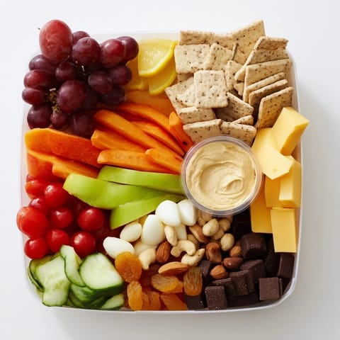 A delightful road trip snack box, featuring savory cheese, crunchy crackers, and sweet dried fruit.