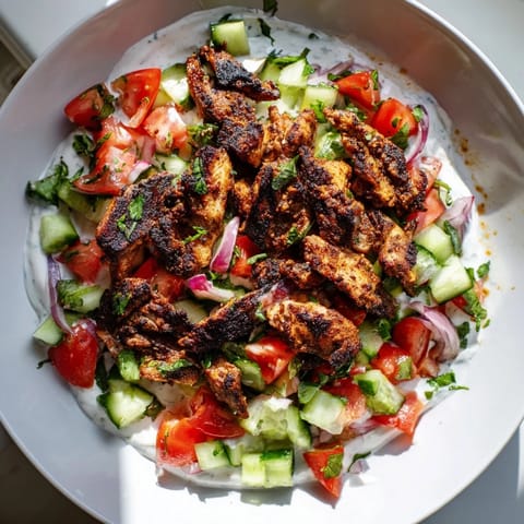 Fresh, vibrant chicken shawarma salad featuring diced tomatoes, cucumbers, and creamy tahini sauce.