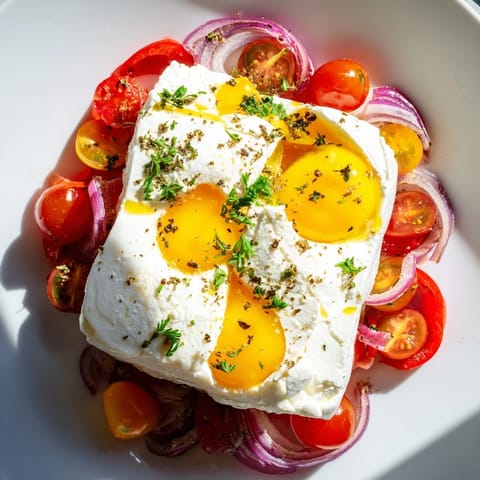 Warm, aromatic Mediterranean Baked Feta & Eggs featuring creamy feta, herbs, and vibrant tomato flavor.