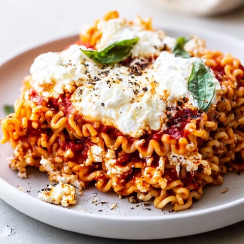 This homemade ramen lasagna features layers of creamy cheeses and rich tomato sauce, baked to perfection.