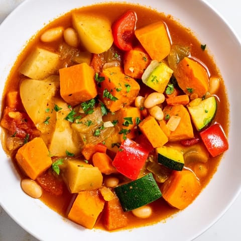 Rich, flavorful Hearty Vegan Sweet Potato Stew with tender vegetables, beans, and a tomato broth.