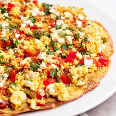 Crispy crust topped with vibrant Turkish menemen eggs: a flavorful brunch-ready pizza delight.