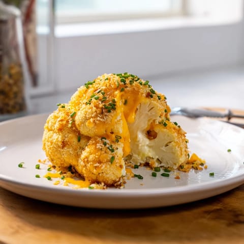 Sliced wedges of Cheesy Stuffed Cauliflower Head reveal a rich, savory center with melted mozzarella and herbs, ready to be enjoyed warm.