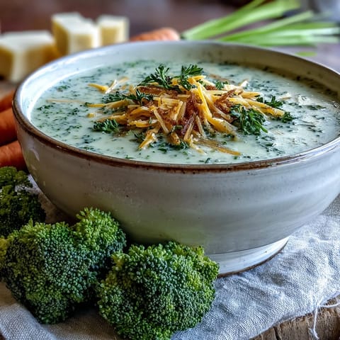 Smooth and creamy broccoli cheddar soup served alongside crusty bread for dipping.