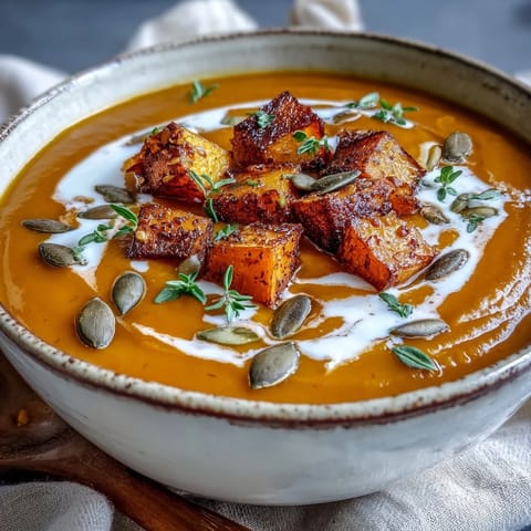Golden bowls of Easy Roasted Butternut Squash Soup, garnished with toasted pumpkin seeds and fresh thyme.
