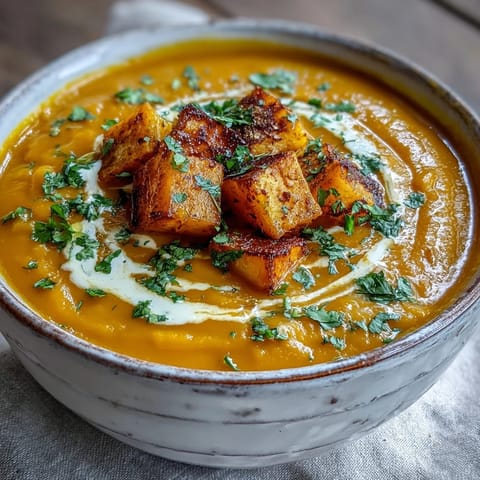 Creamy Butternut Squash and Lentil Soup garnished with cilantro and a coconut swirl.