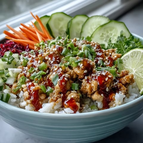 Savory Bang Bang Ground Turkey Rice Bowls with tender turkey, crispy veggies, and a drizzle of creamy bang bang sauce on steamed rice.