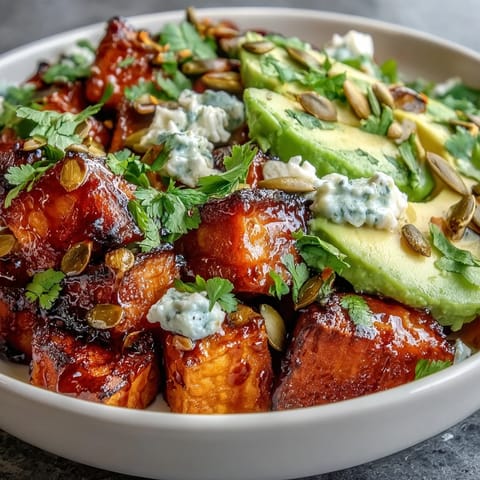 A vibrant Hot Honey Sweet Potato Bowl with crispy roasted sweet potatoes, fresh avocado, and a drizzle of spicy honey.