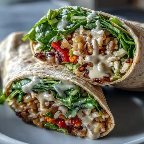 Two halves of a whole wheat Black-Eyed Pea Wrap reveal fluffy quinoa and crisp cucumber slices.