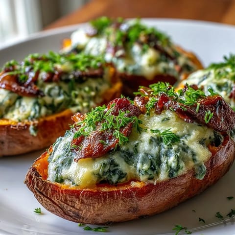 Fork tender baked sweet potatoes overflowing with a savory cream cheese, mushroom, and spinach filling, ready to eat.