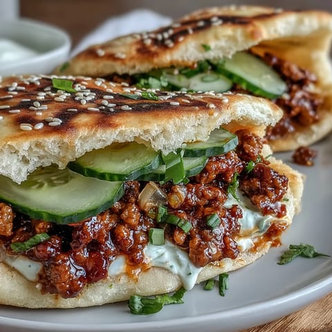 Golden-brown naan pockets stuffed with Korean turkey filling, topped with crisp cucumber slices and a drizzle of creamy red gochujang mayo.
