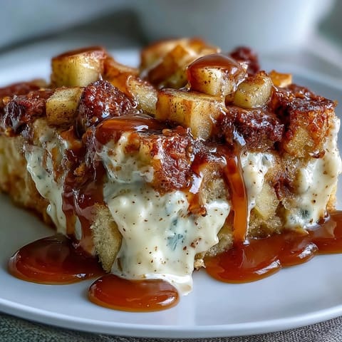 Golden slices of Caramel Apple Cheesecake Bread Pudding are served warm with a generous drizzle of caramel sauce.
