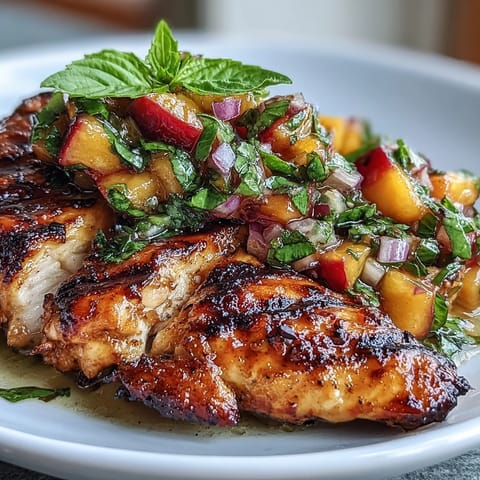 Summer dinner of Grilled Chicken with Peach Basil Salsa served with corn and greens, showcasing the vibrant, sweet-and-savory topping.