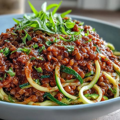A vibrant bowl of vegan lentil Bolognese served over fresh spiralized zucchini and carrots with aromatic herbs.  